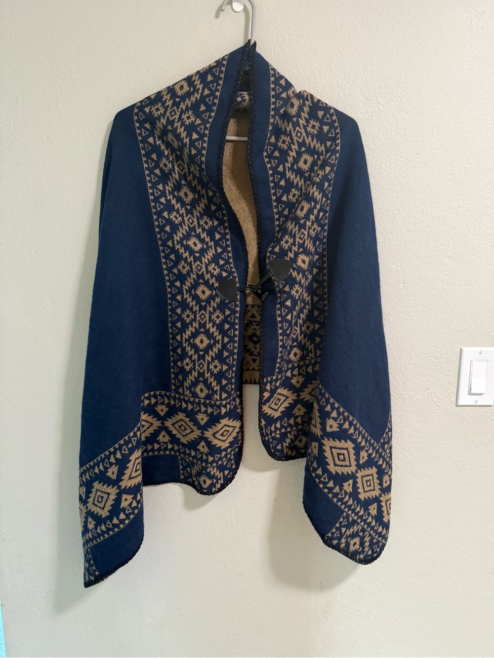 Navy and Tan Knit Poncho Sweater with Geometric Pattern